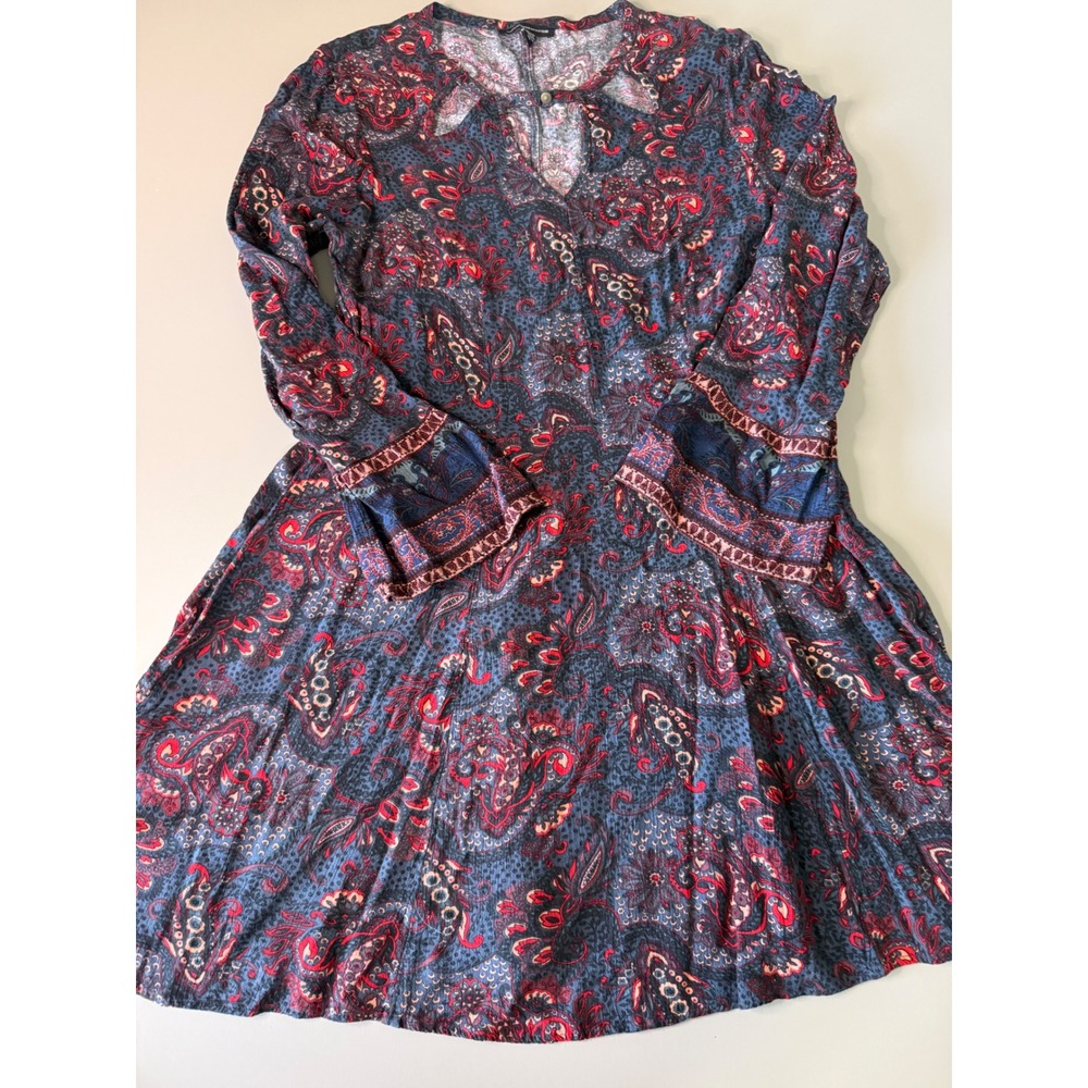 American Eagle Paisley Boho Mini Dress Blue Red Long Bell Sleeve Viscose Medium